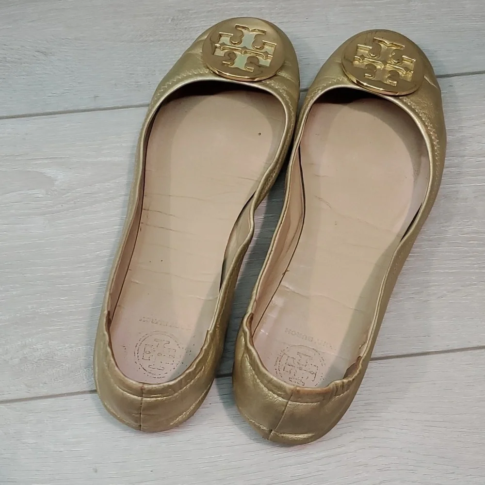 Tory Burch Women Logo Metallic MinnieLeather Gold Loafer Flat Ballet shoes sz 9M